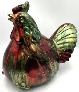 Grande scultura gallo dipinto a mano arte ceramica statuina ceramica 12" x 13" - Foto 1 di 13