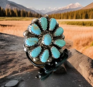 Navajo signierter Sterlingsilber Türkis Cluster Blume Ring Indianer Vintage - Bild 1 von 10