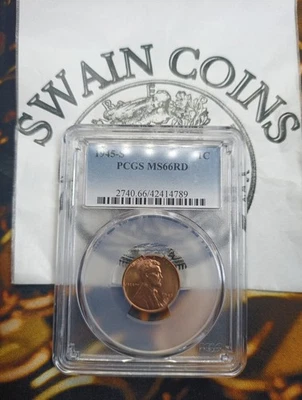 1945-S  1c Lincoln Wheat Cent Coin PCGS MS66 RD ES101 - Image 1 of 3