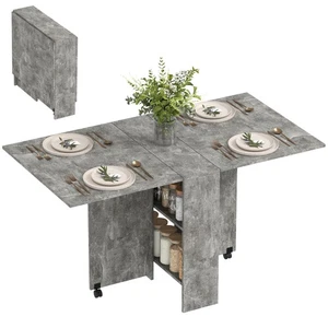 HOMCOM Mobile Drop Leaf Dining Table Folding Desk w/ 2 Wheels Cement Grey - Picture 1 of 12