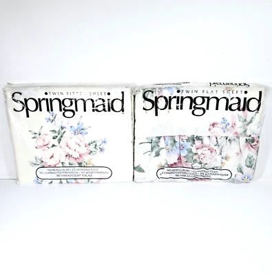 Vintage Springmaid Twin Flat & Fitted Sheet Set Floral Percale Bridal Bouquet II - Image 1 of 4