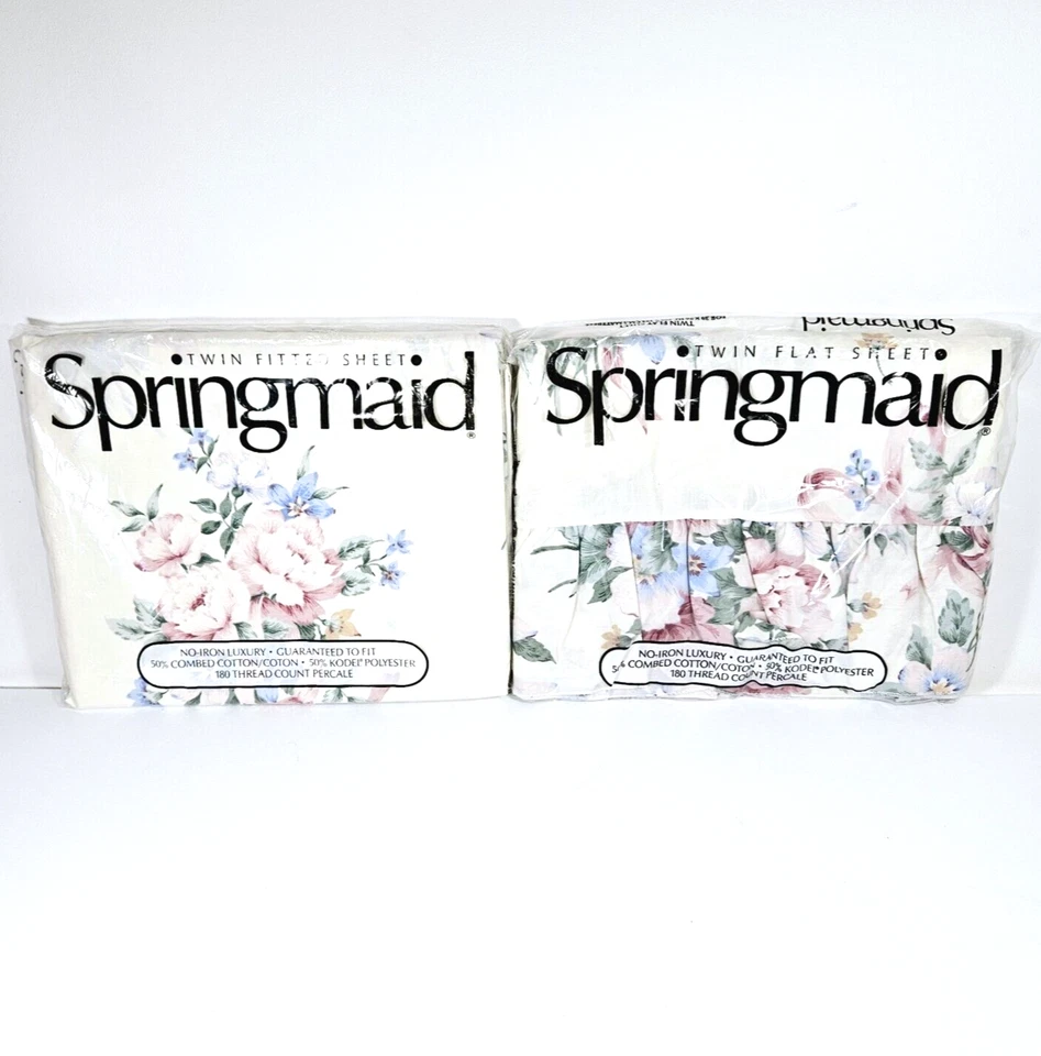 Vintage Springmaid Twin Flat & Fitted Sheet Set Floral Percale Bridal Bouquet II - Image 1 of 4