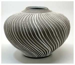 Mid-century style 5" tall pottery vase. brown magnese with white vert. stripes - Picture 1 of 6