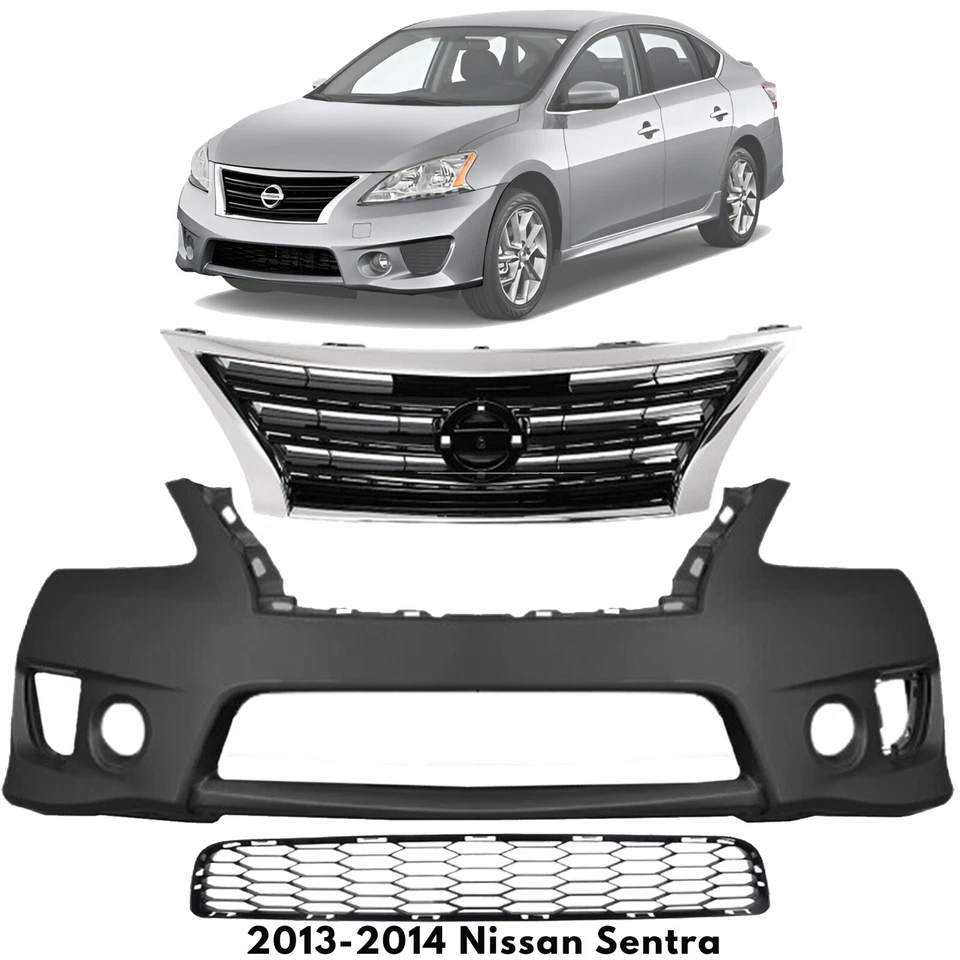 Front Bumper Cover Fascia & Lower Grille Kit For 2013-2014 Nissan Sentra - Imagem 1 de 4