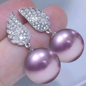 Pair Huge 13mm South Sea Genuine Purple Lavender Round Pearl dangle Earring 6AAA - Picture 1 of 1