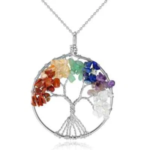 7 Chakra Circle Tree of Life Healing Energy REIKI Stones Black Rope Necklace - Picture 1 of 5