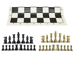 Black & Khaki Gold Chess Pieces & 20" BlackVinyl Board-Single Weighted Chess Set - Picture 1 of 4