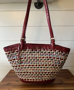 Vintage BRIGHTON Red Leather Trimmed Woven Straw & Denim Shoulder Tote Bag - Picture 1 of 17