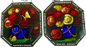 Bleiverglasung 2x seltene Antiquität Glasmalerei- Ätzung "Rosenbuquett" sign. WK - Bild 1 von 3