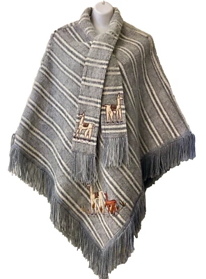Vintage Alpaca Poncho Handmade Fringe Attached Scarf Embroidered Striped READ - Image 1 of 4