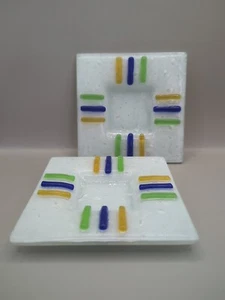 Art Glass Pressed Crackle Ashtray Pair Trinket Dish Candle Holder Yellow Blue - Picture 1 of 11