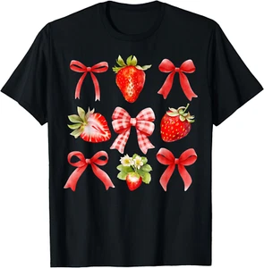 Strawberry Coquette Bow Strawberries Festival Girls Women T-Shirt All Size S_4XL - Picture 1 of 6