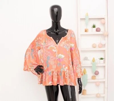 ODD MOLLY Blouse Pink Floral Satin Frilled Viscose Shirt Bell Sleeves 2 UK14 M - Image 1 of 4