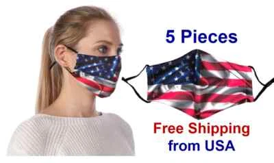 5 Packs USA US American Flag Face Mask Reusable Washable Filter Pocket 2 Filters - Image 1 of 4