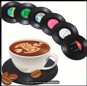 6 Vinyl Style Boxed Coasters Place Mats Bar Set Retro Vintage Record Discs - Picture 1 of 5