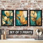 Teal And Gold Wall Art Set of 3 Prints For Lounge Gold Turquoise Leaves Artwork