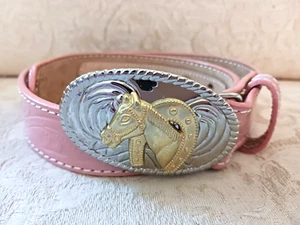 Nocona Size 22 Pink Tooled Leather Belt Western Rodeo Style Brass Silver Horse B - Picture 1 of 13