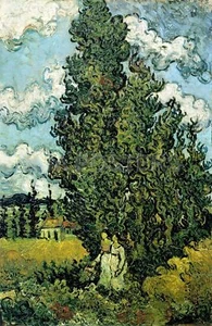Vincent van Gogh Cypresses and Two Women, 1890 Hand Painted Canvas Oil Painting - Picture 1 of 2