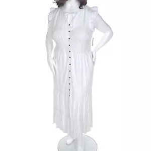 SONOMA Women's PLUS SIZE 2X Ruffle Hem & Sleeve WHITE MAXI DRESS Buttons SMOCKED - Picture 1 of 21