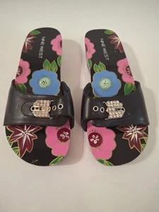 Nine West Damen-Pantoletten schwarz Blumenmuster Holz und Leder Größe 7,5 neu mit Etikett - Bild 1 von 9
