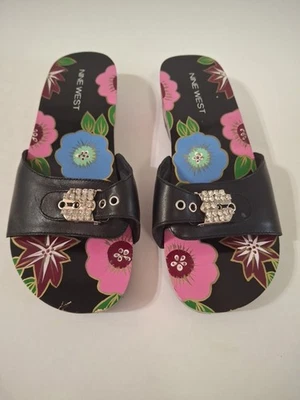 Deslizadores florales negros para mujer NINE WEST madera y cuero talla 7,5 nuevos con etiquetas Foto 1 de 4
