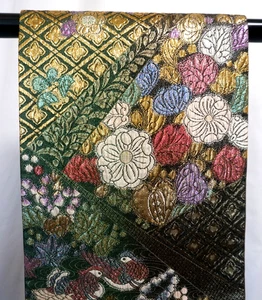 Kimono Japonés SEDA Fukuro OBI, Tujiga-Hana, Birds-meet, Foil, L14'5" ..3509 - Imagen 1 de 16