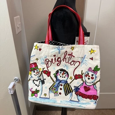 NWT Brighton Snow People Happy Holidays Large Canvas Tote Bag Sequin Embellished - Image 1 of 4