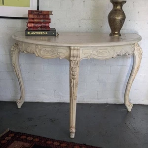 Antique Cream Demi Lune Console Table | Carved Rococo Hall Table with Distresse - Picture 1 of 9