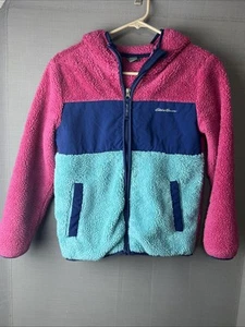 Eddie Bauer Kid's Fleece Jacket Full Zip Colorblock Blue Pink Medium 10/12 b0 - Picture 1 of 9