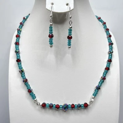 Impresionante Conjunto de Pendientes Collar Barra Semilla Vidrio Azul Teal Cristal AB Rojo Foto 1 de 4