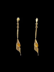 Handcrafted 14K Yellow Gold Twisted Drop Dangle Ribbon Stud Earrings - Picture 1 of 5