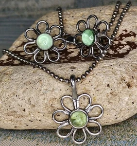 STERLING SILVER Flower NECKLACE + EARRING SET ~ 925 Ball Chain Glass Stone BEACH - Picture 1 of 19