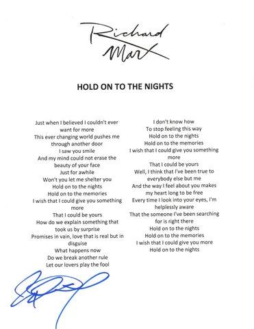 Richard Marx Signed Lyric Sheet Hold On To The Nights 3 COA Cover