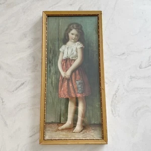 Vintage Framed Lithograph Art Print Young Girl Red White Dress Farmhouse 14"x7" - Picture 1 of 8