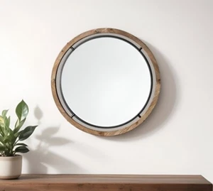 28" Braun Holz und Schwarz Metall Rund Rahmen Akzent Spiegel - Bild 1 von 10