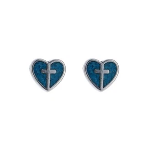 925 Sterling Silver, Turquoise Heart & Cross Studs, Genuine Tq, Heart Shaped, St - Picture 1 of 3