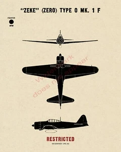 WWII Japanese Zeke Type 0 A6M Zero Fighter Aircraft Recognition Poster V-1 - Picture 1 of 7