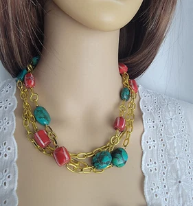 Esprit Turquoise & Red Stone Beaded Gold Link Necklace 3 Strand 18" Vintage NWT - Picture 1 of 4