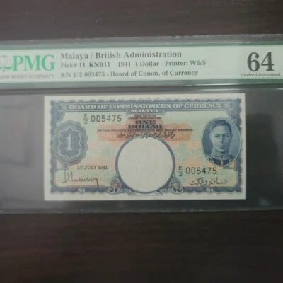 Malasia Administración Británica 1 Dólar 1941 Raro Número 00 Punto PMG 64 Foto 1 de 3