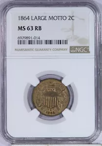 1864 Two Cent Piece 2c NGC MS63 RB - Large Motto - Picture 1 of 2