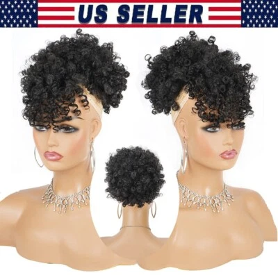 Natural Afro Puff Kinky Curly Hair Ponytail Extension w/ Bangs Hair Ponytail 12" - Image 1 of 4