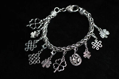 Pulsera Celta Cuatro Hojas Trébol Dijes Plata Estaño 8" Intercambiable Foto 1 de 3