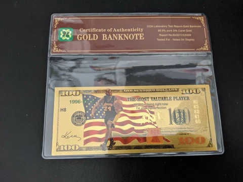 $100 24K Gold Foil Kobe Bryant Collectible Novelty Bill Lakers W/ COA USA Flag B Cover