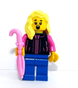 LEGO Mujer Niña Minifigura Figura Cabello Rubio Rosa Chaqueta y Paraguas - Imagen 1 de 3