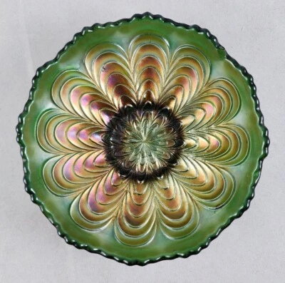1900s Fenton Carnival Glass Green Peacock Tail Scalloped Bowl - AS IS - Image 1 of 4