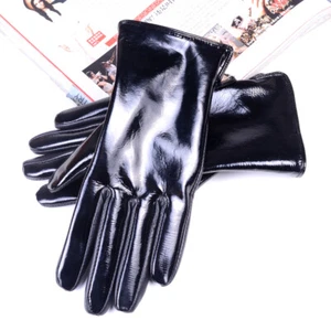 Women’s Ladies Real Patent Leather Shiny Black Winter Warm Touch Screen Gloves - Picture 1 of 10