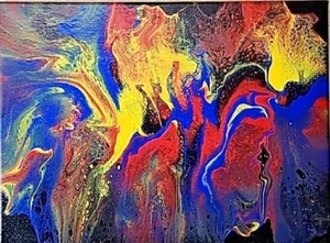 Acrylic Pour Painting Abstract Black Red Yellow Blue 12x9 Unframed OOAK Gift - Picture 1 of 4