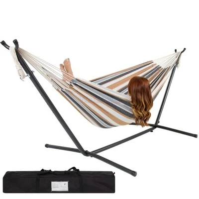 Double Hammock Set w/ Steel Stand Carrying Case for Indoor Outdoor Summer w/ Bag