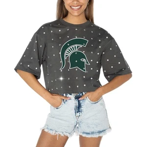 Women's Gameday Couture Gray Michigan State Spartans Go Time Rhinestone Crop - Picture 1 of 5