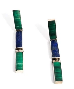 Lapis Lazuli Malachite vintage articulated long post sterling silver earrings - Picture 1 of 6